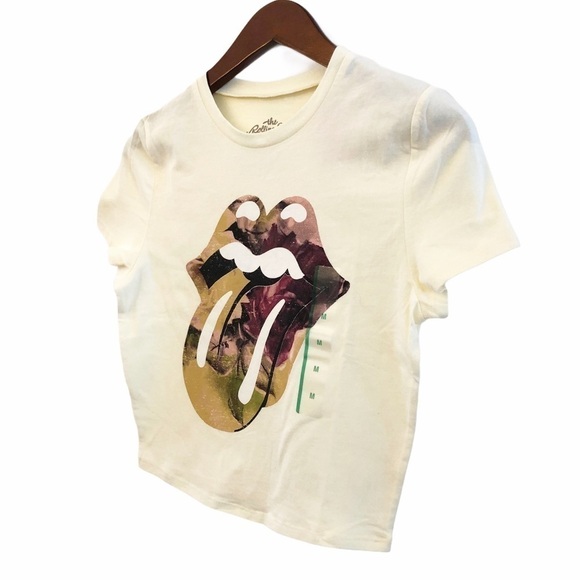 Rolling STONES NWT Cropped Logo Short Sleeve Band Tee Size Medium in Cream - Picture 7 of 12